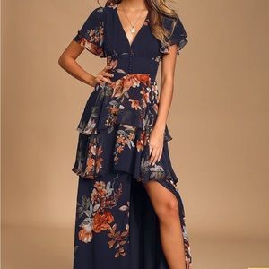 Lulus Midnight Mood Navy Blue Floral Print Tiered Maxi Dress- Sz XL